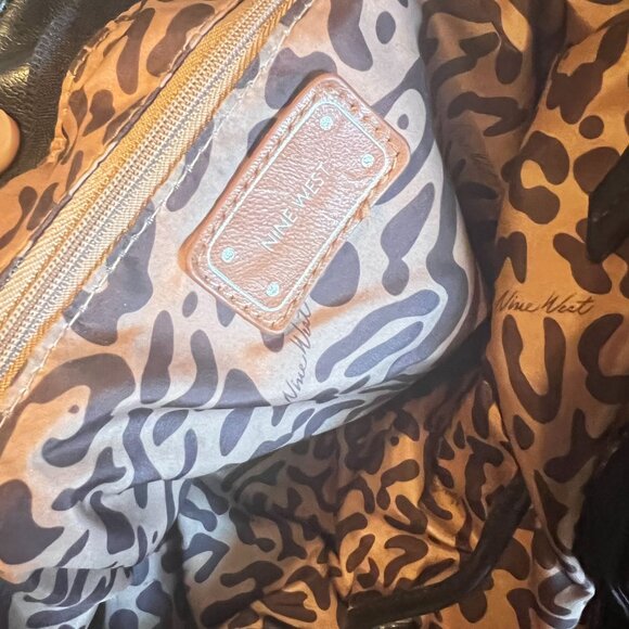 Nine West Black Faux Leather Tote Bag Dual Handles‎ Leopard Print Lining handbag - Picture 7 of 10